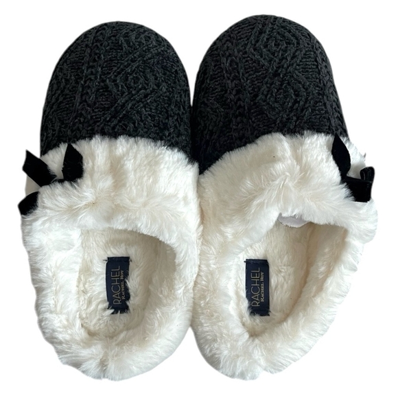 RACHEL Rachel Roy Black White Chenille Knit Fur Bow Slip-On Memory Foam Slippers - Picture 3 of 7